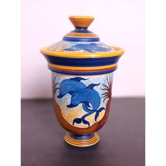 Vintage Minoan Style Pottery Made in Greece Dolphin Ocean Motif Urn Pot with Lid - Picture 1 of 6